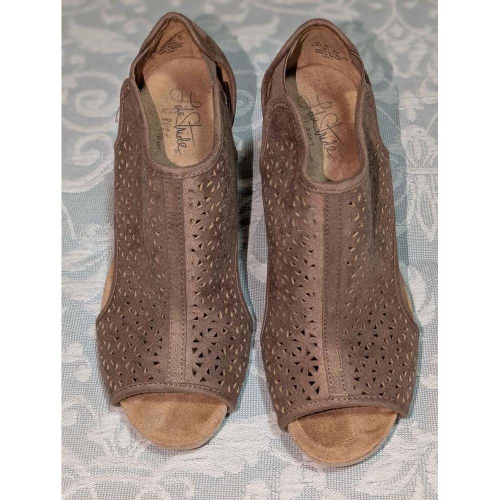 LifeStride Hinx 2 Taupe Cork Wedge Sandals Peep Toe Cutout 6.5M